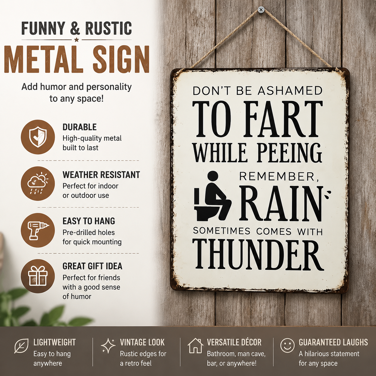 Funny Bathroom Sign – “Don’t Be Ashamed to Fart While Peeing” Rustic Wall Decor 😂