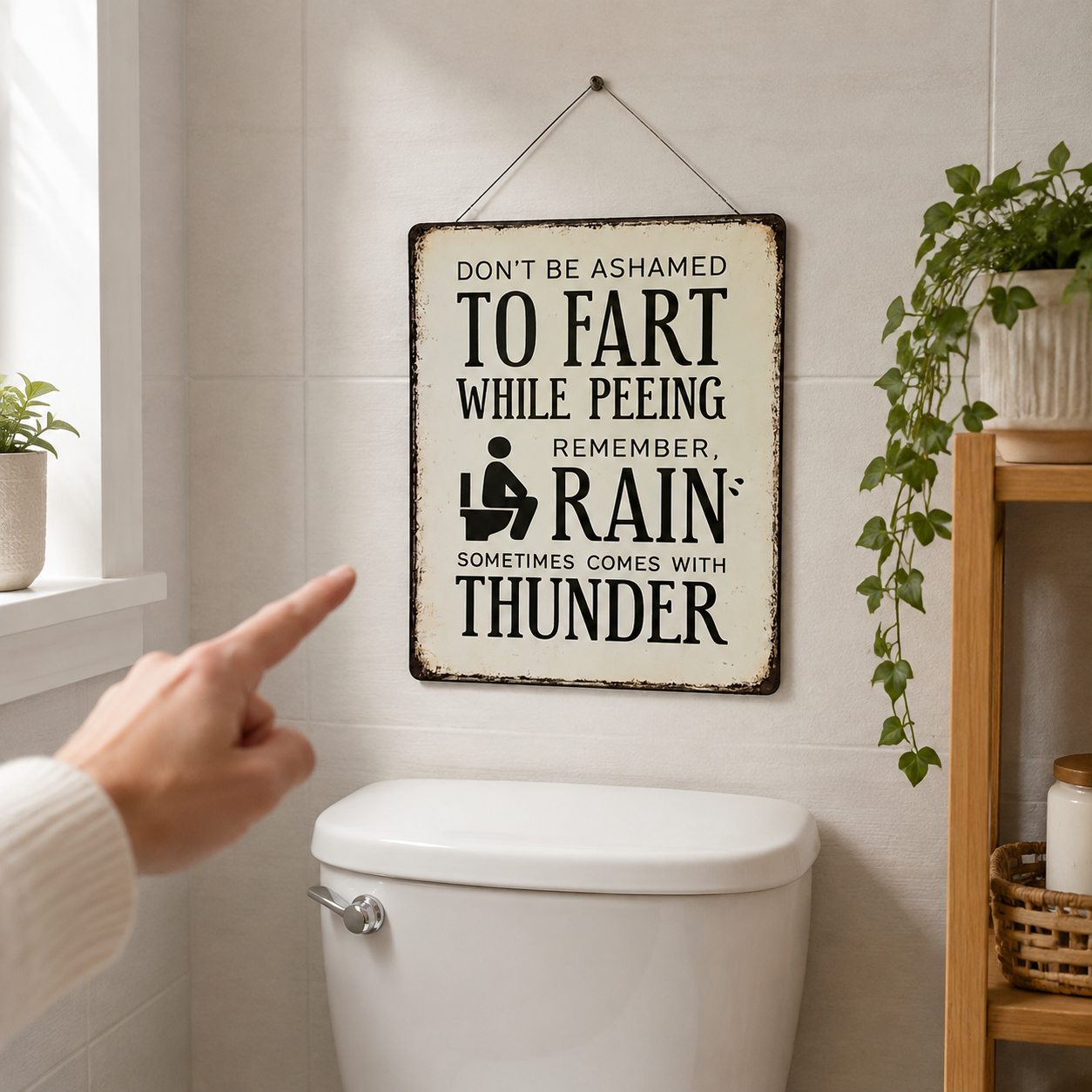 Funny Bathroom Sign – “Don’t Be Ashamed to Fart While Peeing” Rustic Wall Decor 😂